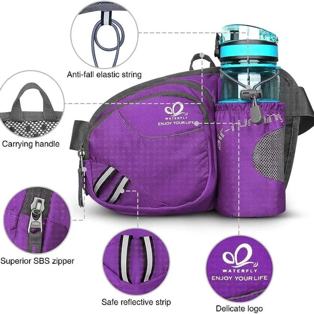 NWT $65 WATERFLY Hiking Waist Bag Fanny Pack w/ Water Bottle Holder – Purple - Picture 3 of 12